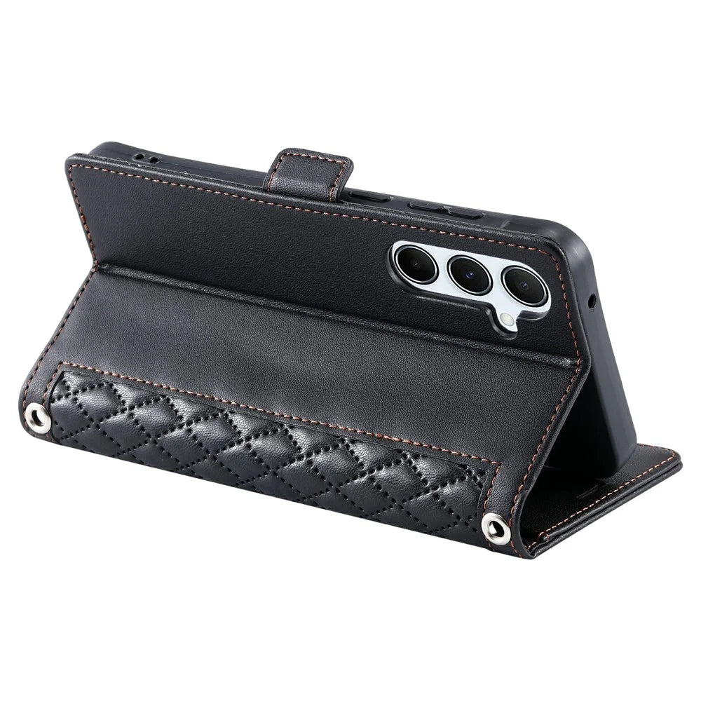 For Samsung Galaxy A16 5G  /  4G Leather Case Rhombus Texture Wallet Stand Phone Cover with Wrist Strap - Black - 4