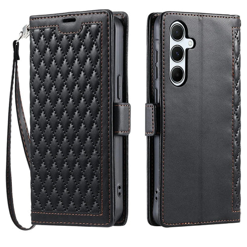 For Samsung Galaxy S24 Leather Case Rhombus Texture Wallet Stand Phone Cover with Wrist Strap - Black - 1