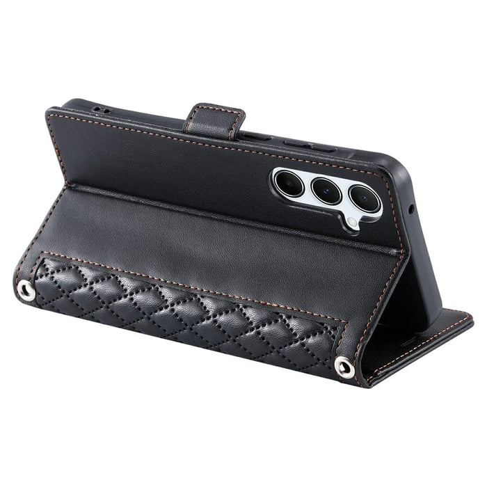 For Samsung Galaxy S24+ Leather Case Rhombus Texture Wallet Stand Phone Cover with Wrist Strap - Black - 4