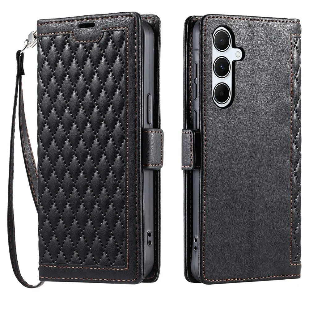For Samsung Galaxy S24 FE Leather Case Rhombus Texture Wallet Stand Phone Cover with Wrist Strap - Black - 1