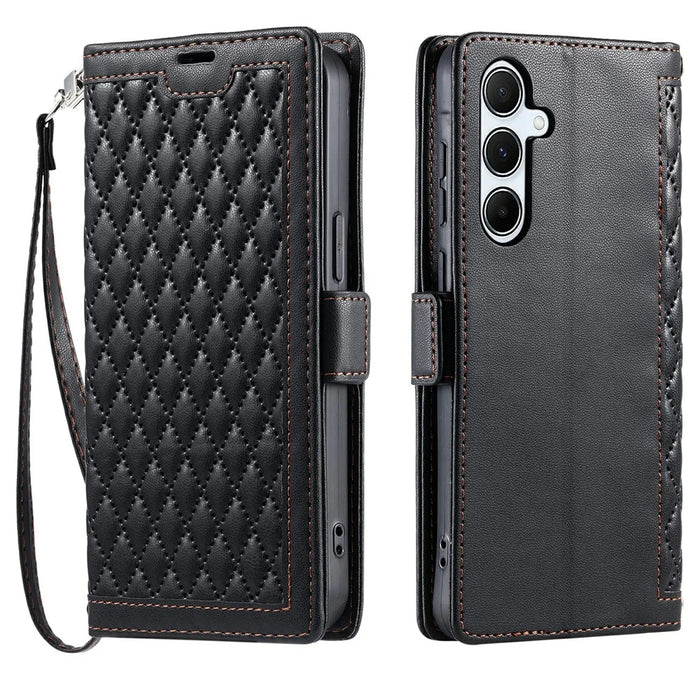 For Samsung Galaxy S24 FE Leather Case Rhombus Texture Wallet Stand Phone Cover with Wrist Strap - Black - 1