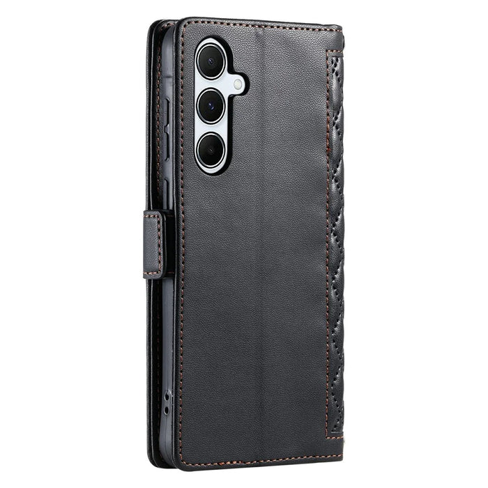 For Samsung Galaxy S24 FE Leather Case Rhombus Texture Wallet Stand Phone Cover with Wrist Strap - Black - 7