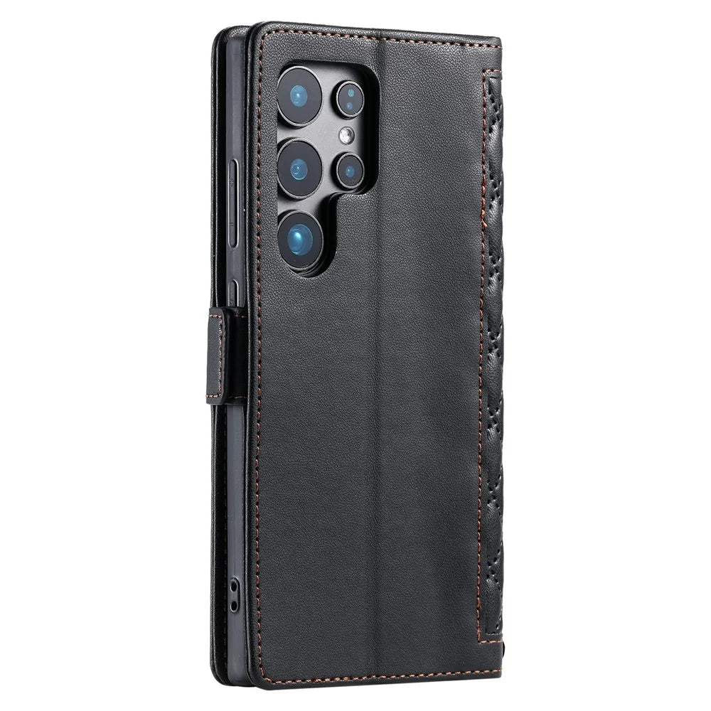 For Samsung Galaxy S23 Ultra Leather Case Rhombus Texture Wallet Stand Phone Cover with Wrist Strap - Black - 7