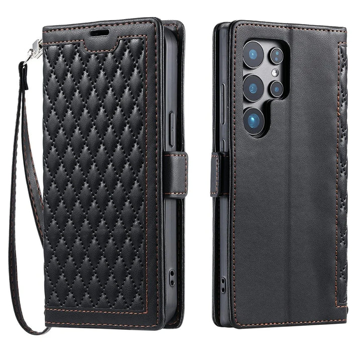 For Samsung Galaxy S24 Ultra Leather Case Rhombus Texture Wallet Stand Phone Cover with Wrist Strap - Black - 1