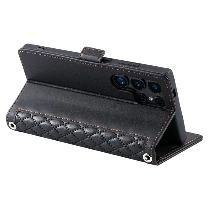 For Samsung Galaxy S24 Ultra Leather Case Rhombus Texture Wallet Stand Phone Cover with Wrist Strap - Black - 4