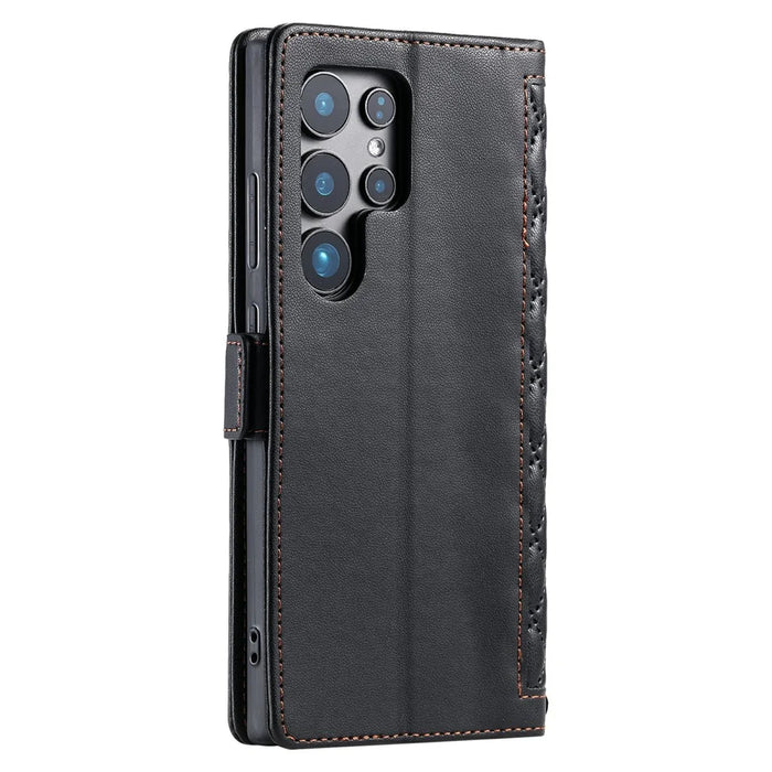 For Samsung Galaxy S24 Ultra Leather Case Rhombus Texture Wallet Stand Phone Cover with Wrist Strap - Black - 7