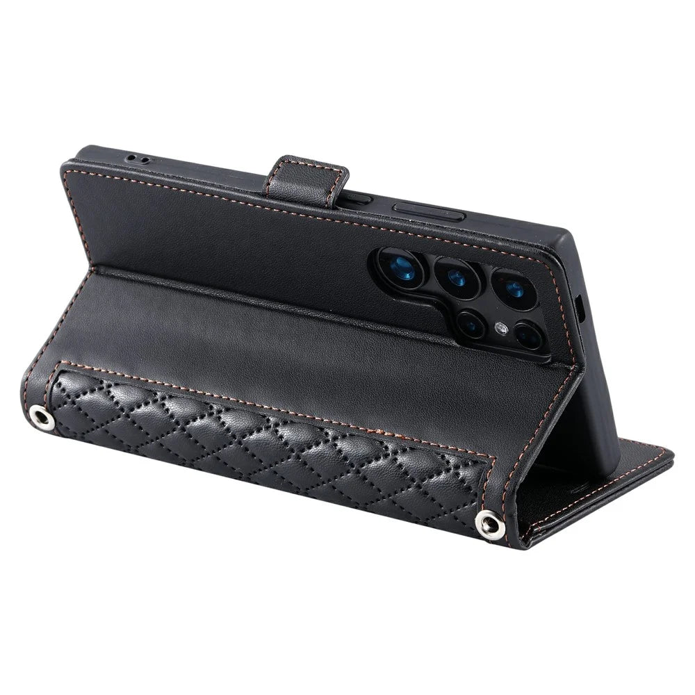 For Samsung Galaxy S25 Ultra Leather Case Rhombus Texture Wallet Stand Phone Cover with Wrist Strap - Black - 4
