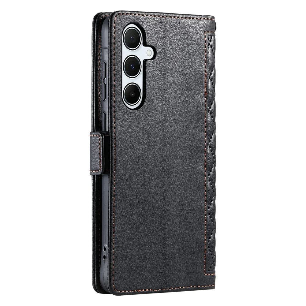 For Samsung Galaxy S25 Leather Case Rhombus Texture Wallet Stand Phone Cover with Wrist Strap - Black - 7