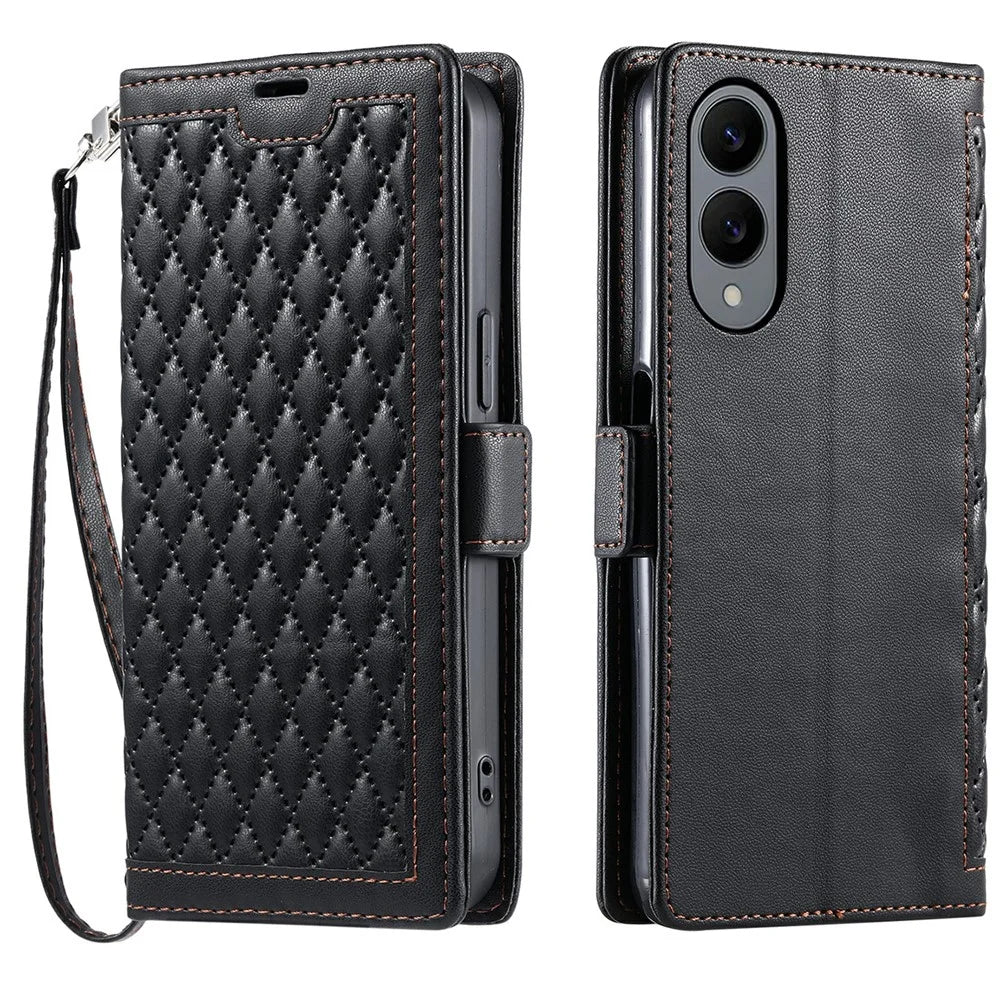 For Samsung Galaxy S25 Edge Leather Case Rhombus Texture Wallet Stand Phone Cover with Wrist Strap - Black - 1