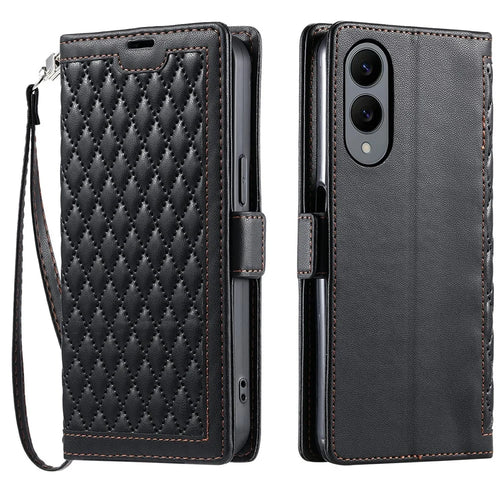 For Samsung Galaxy S25 Edge Leather Case Rhombus Texture Wallet Stand Phone Cover with Wrist Strap - Black - 1