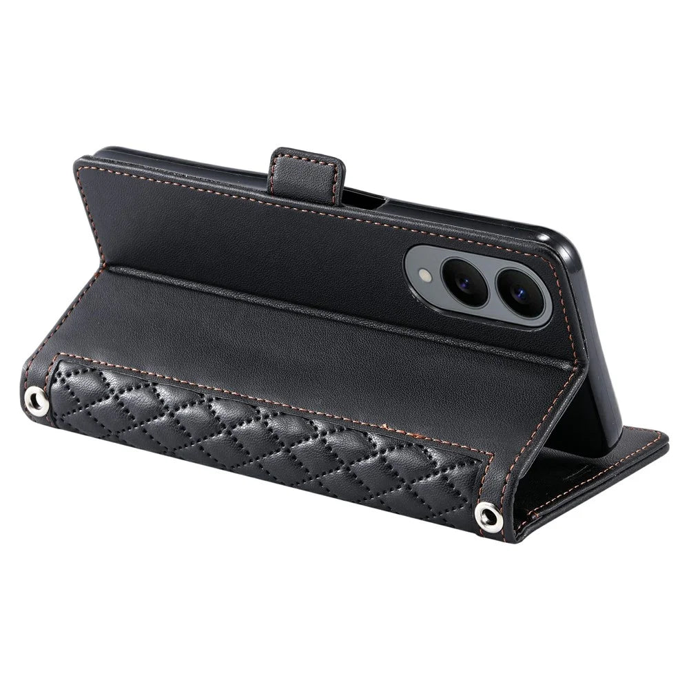 For Samsung Galaxy S25 Edge Leather Case Rhombus Texture Wallet Stand Phone Cover with Wrist Strap - Black - 4