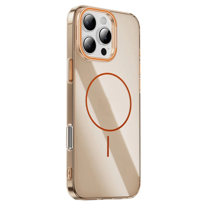 For iPhone 16 Pro Case Compatible with MagSafe Lens Frame Kickstand Clear PC Phone Cover - Transparent Gold - 1