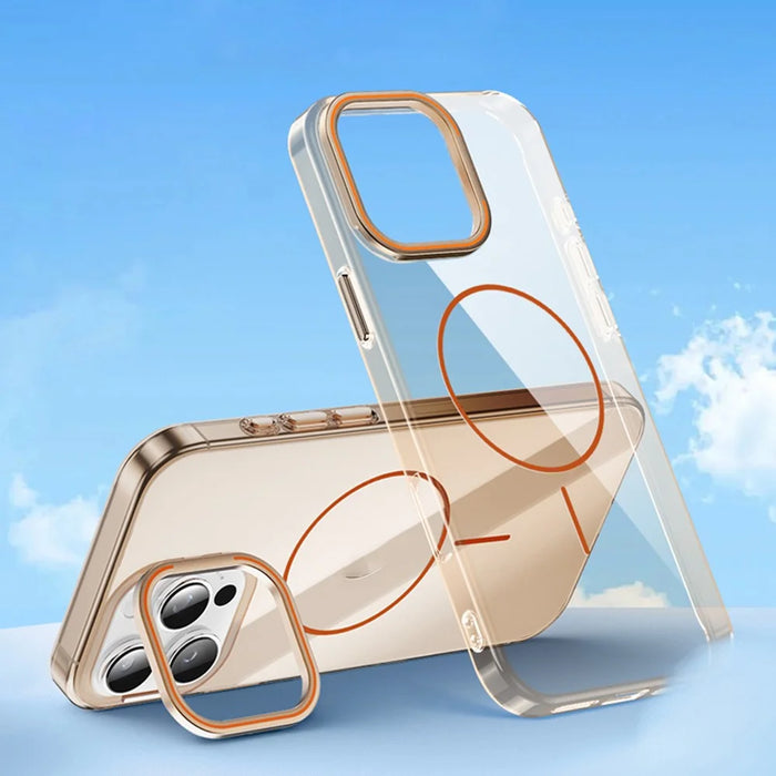 For iPhone 16 Pro Case Compatible with MagSafe Lens Frame Kickstand Clear PC Phone Cover - Transparent Gold - 2