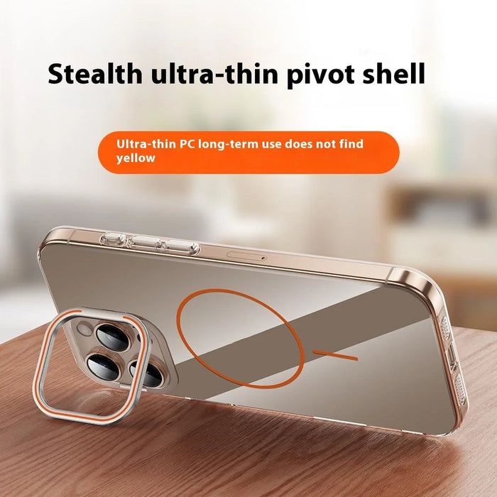 For iPhone 16 Pro Case Compatible with MagSafe Lens Frame Kickstand Clear PC Phone Cover - Transparent Gold - 3