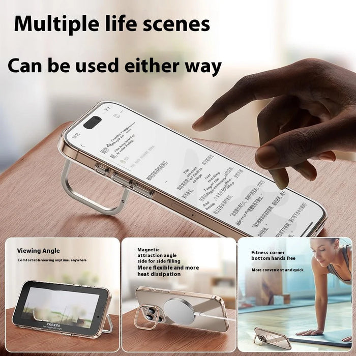 For iPhone 16 Pro Case Compatible with MagSafe Lens Frame Kickstand Clear PC Phone Cover - Transparent Gold - 4