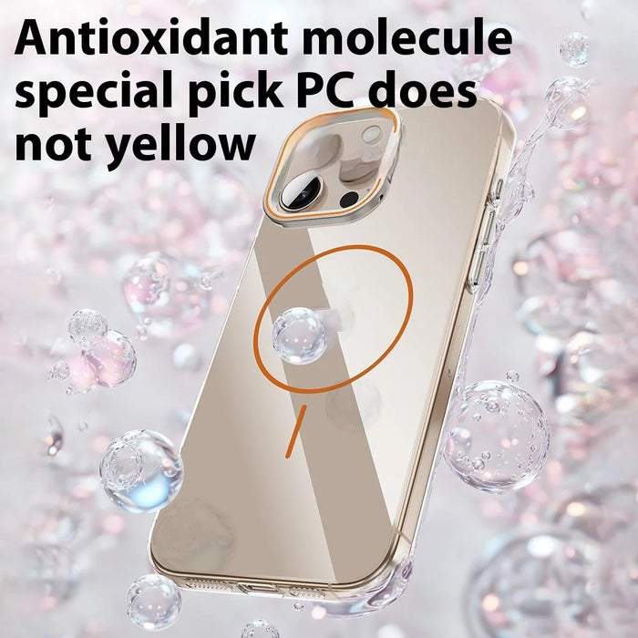 For iPhone 16 Pro Case Compatible with MagSafe Lens Frame Kickstand Clear PC Phone Cover - Transparent Gold - 6