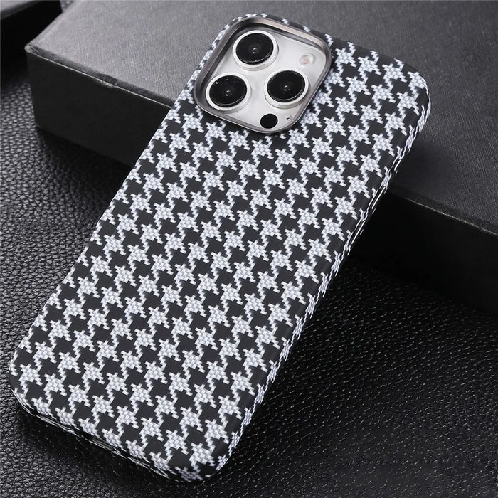 For iPhone 16 Pro Magnetic Case Houndstooth Pattern Leather + PC Phone Cover - White - 2