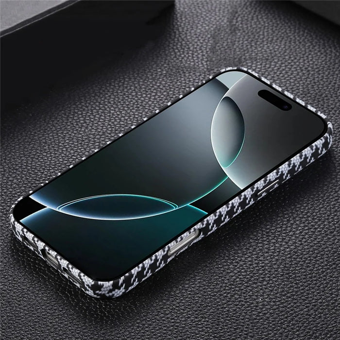 For iPhone 16 Pro Magnetic Case Houndstooth Pattern Leather + PC Phone Cover - White - 3