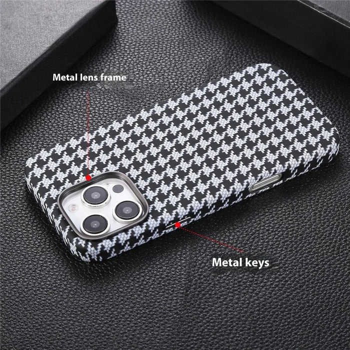 For iPhone 16 Pro Magnetic Case Houndstooth Pattern Leather + PC Phone Cover - White - 4
