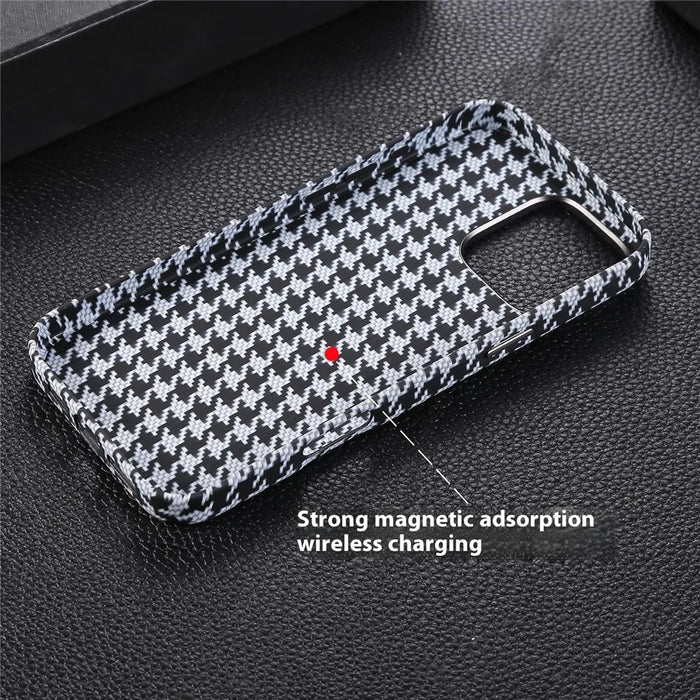 For iPhone 16 Pro Magnetic Case Houndstooth Pattern Leather + PC Phone Cover - White - 5