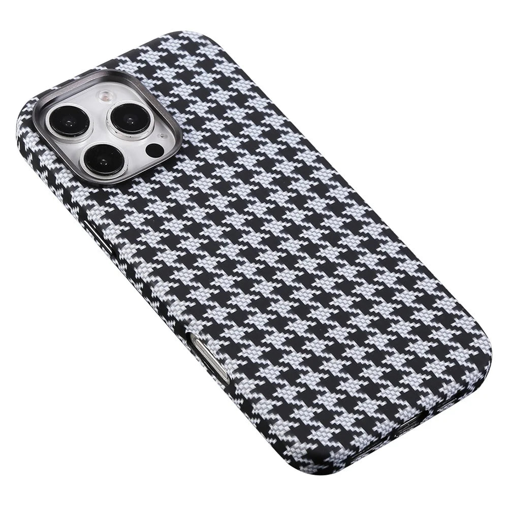 For iPhone 16 Pro Max Magnetic Case Houndstooth Pattern Leather + PC Phone Cover - White - 1