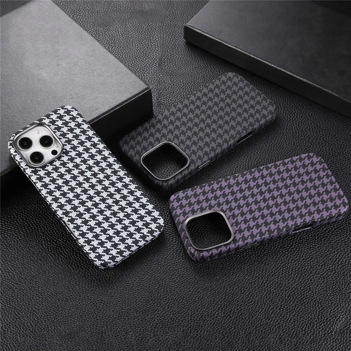 For iPhone 16 Pro Max Magnetic Case Houndstooth Pattern Leather + PC Phone Cover - White - 6