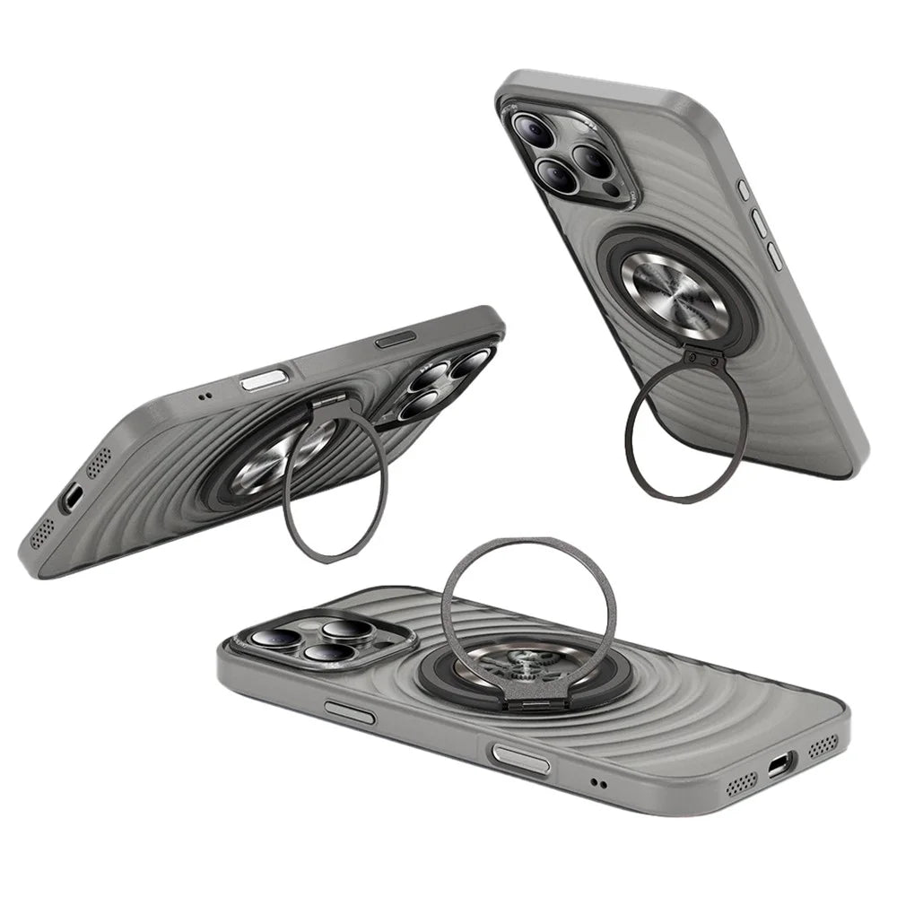 For iPhone 16 Pro Magnetic Case Gear Design Rotating Kickstand Ripple Texture TPU + PC Phone Cover - Grey - 1