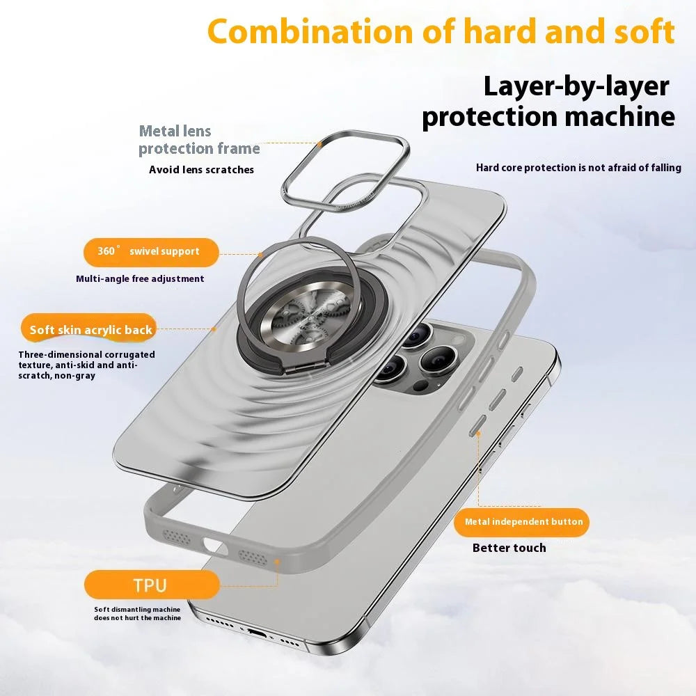 For iPhone 16 Pro Magnetic Case Gear Design Rotating Kickstand Ripple Texture TPU + PC Phone Cover - Grey - 6