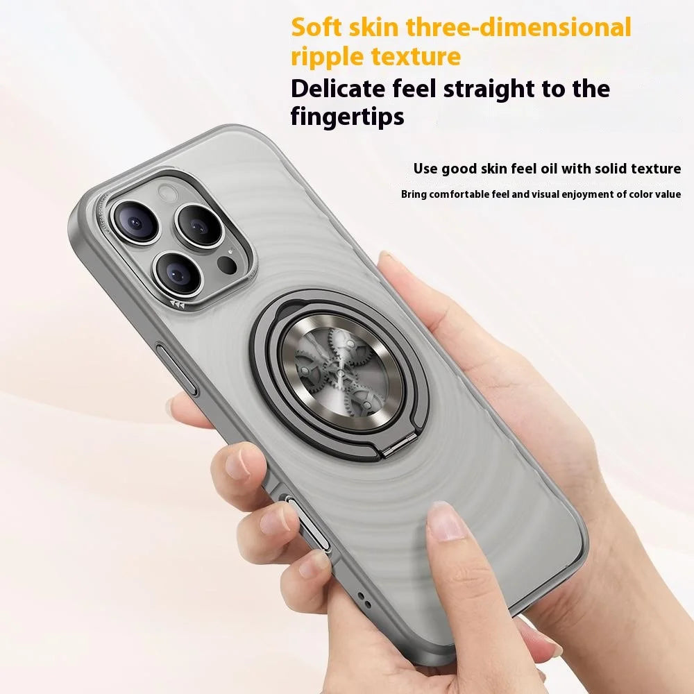 For iPhone 16 Pro Magnetic Case Gear Design Rotating Kickstand Ripple Texture TPU + PC Phone Cover - Grey - 7