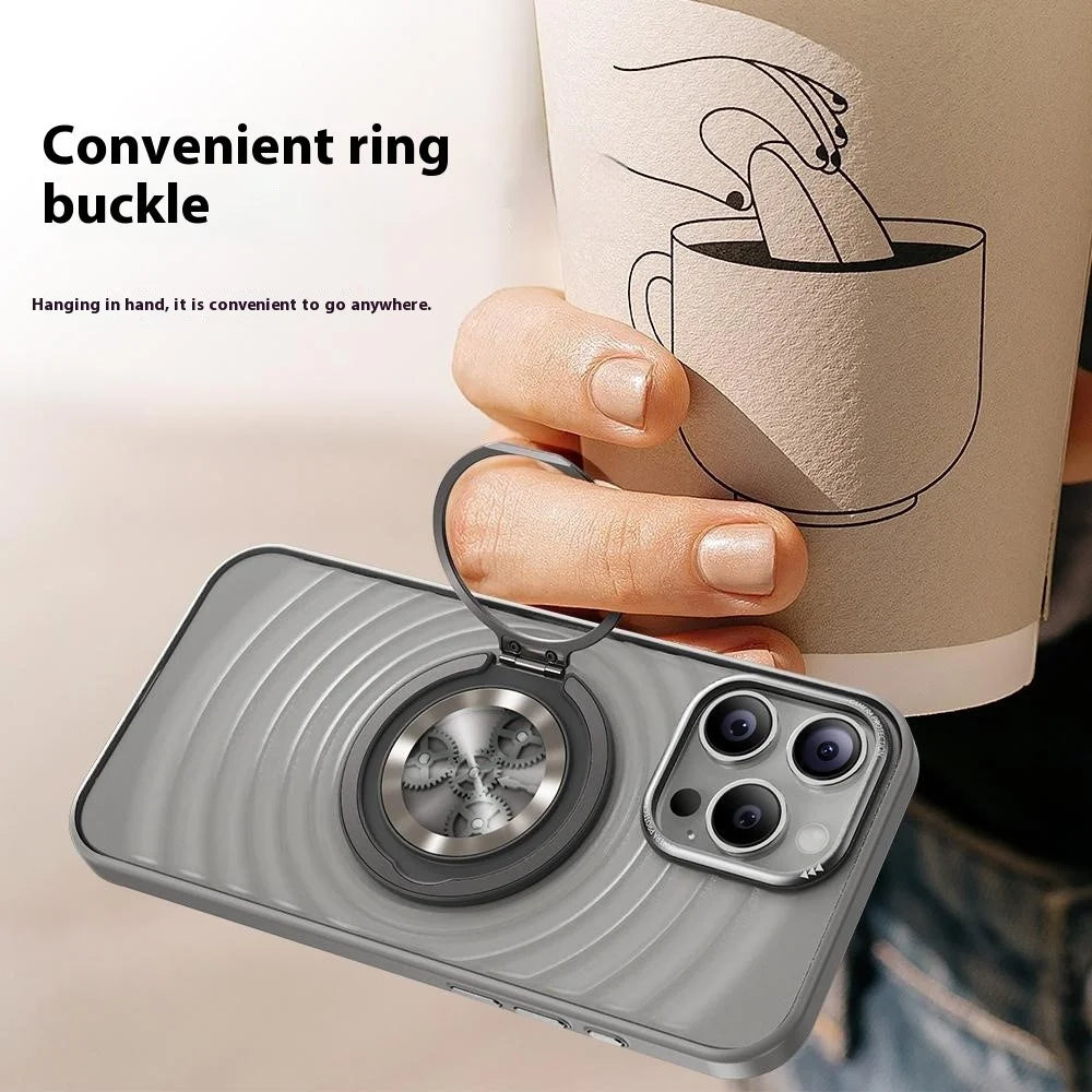 For iPhone 16 Pro Max Magnetic Case Gear Design Rotating Kickstand Ripple Texture TPU + PC Phone Cover - Black - 3