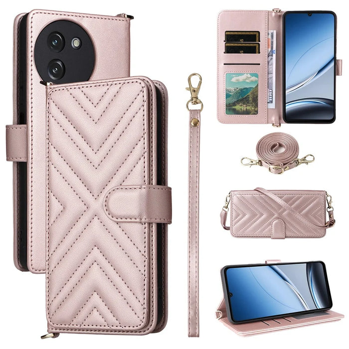 For Doogee Note 59 / Note 59 Pro Case with Shoulder / Wrist Strap Leather Phone Cover Stand Wallet - Pink - 1