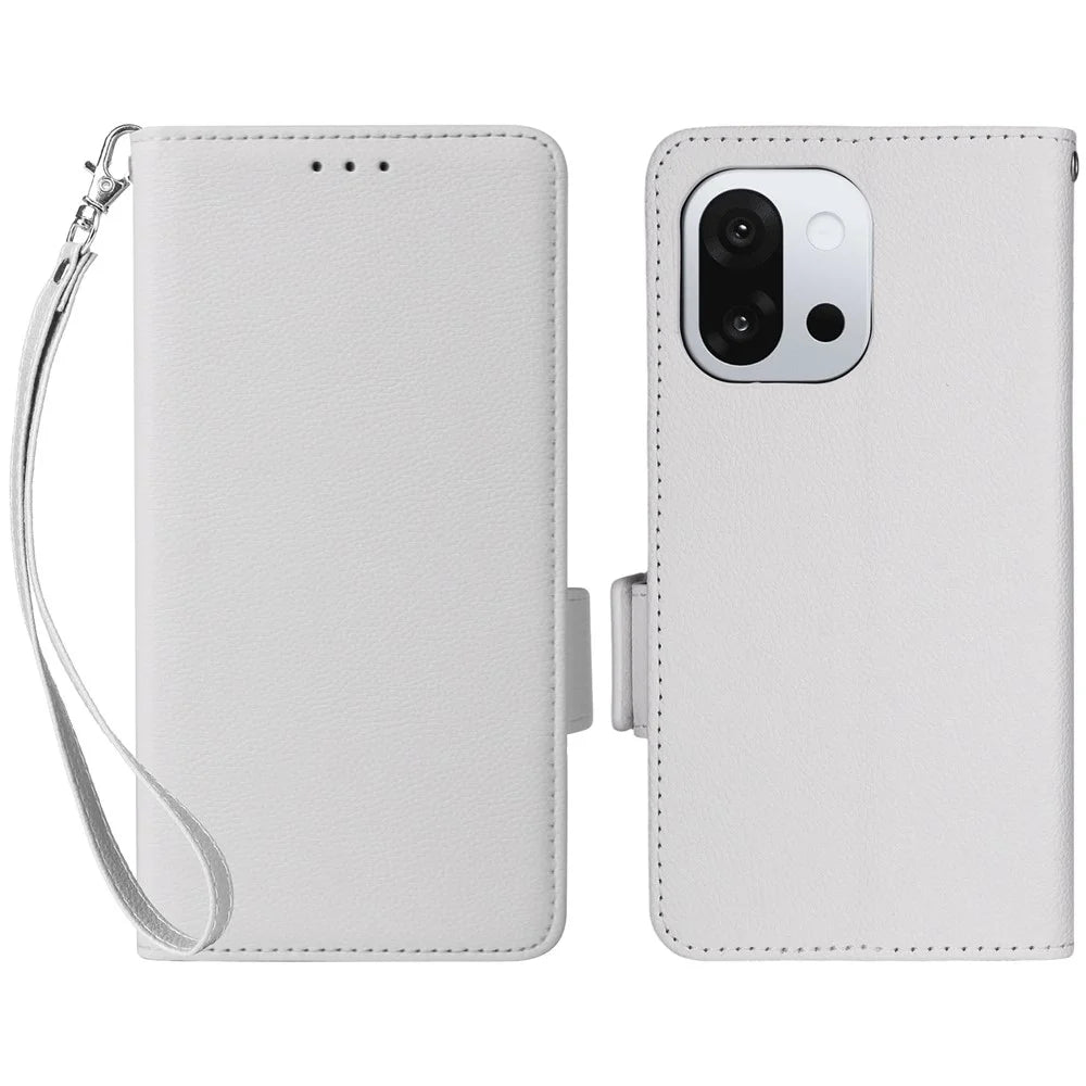 For OnePlus 13T 5G Case with Wrist Strap Litchi Texture PU Leather Wallet Phone Cover - White - 1