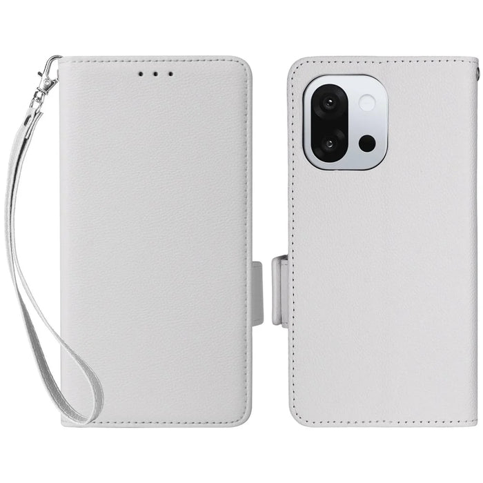 For OnePlus 13T 5G Case with Wrist Strap Litchi Texture PU Leather Wallet Phone Cover - White - 1