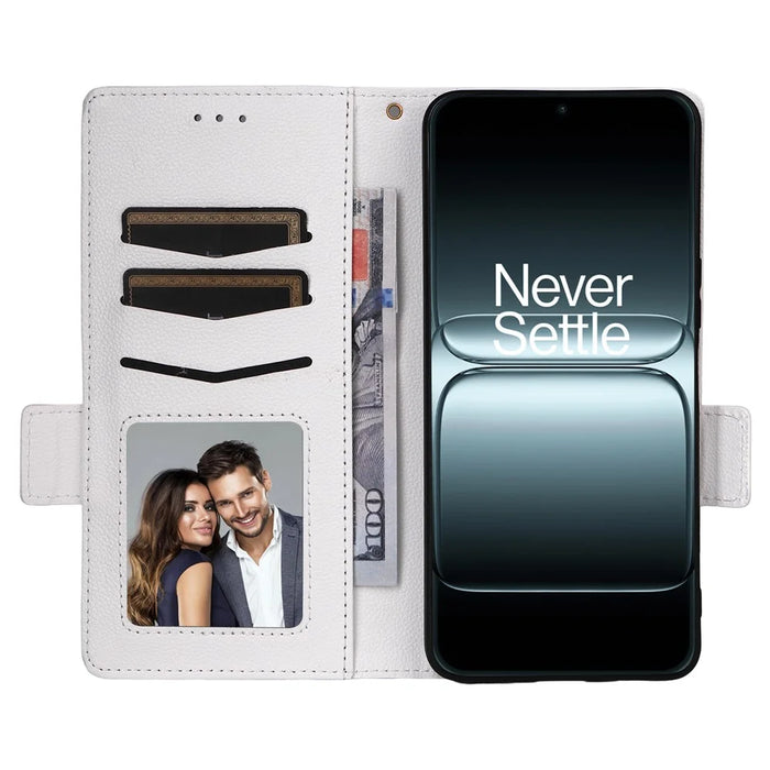 For OnePlus 13T 5G Case with Wrist Strap Litchi Texture PU Leather Wallet Phone Cover - White - 2