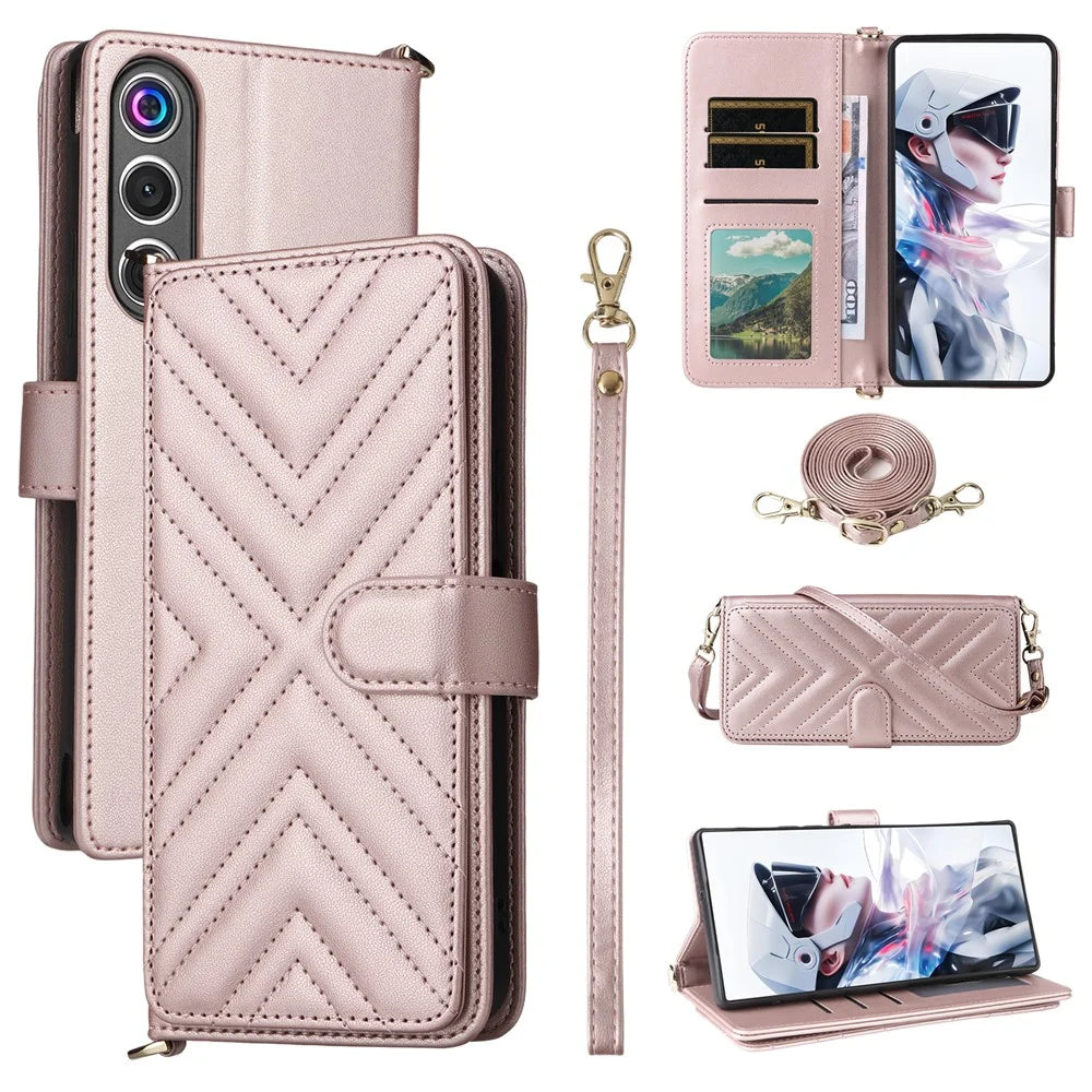 For ZTE nubia Redmagic 10 Air 5G Case with Shoulder / Wrist Strap Leather Phone Cover Stand Wallet - Pink - 1
