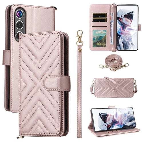 For ZTE nubia Redmagic 10 Air 5G Case with Shoulder / Wrist Strap Leather Phone Cover Stand Wallet - Pink - 1