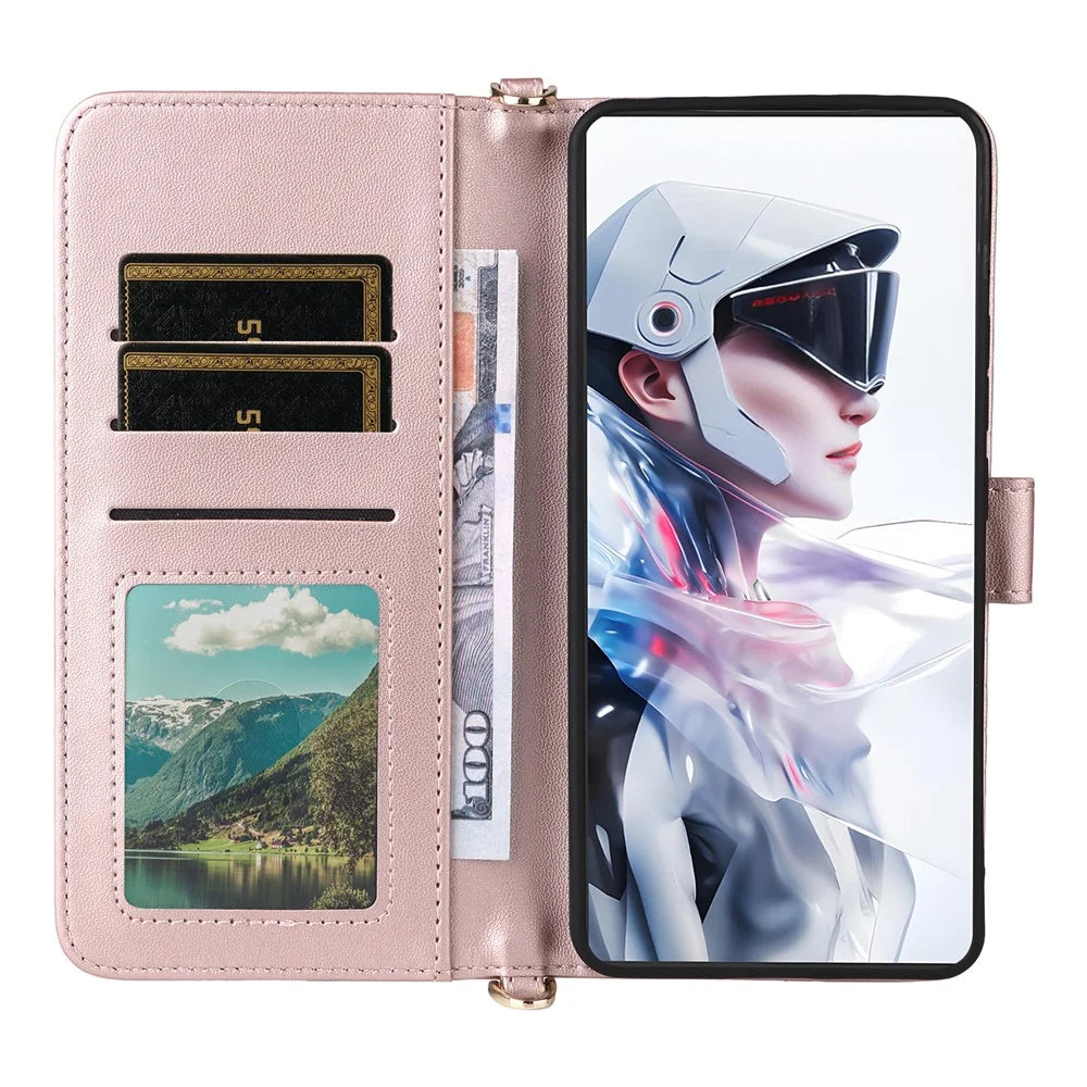 For ZTE nubia Redmagic 10 Air 5G Case with Shoulder / Wrist Strap Leather Phone Cover Stand Wallet - Pink - 4