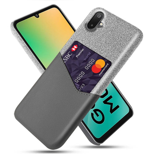 For Samsung Galaxy A06 5G / M06 5G Case PU Leather Cloth Texture Hard PC Phone Cover with Card Holder - Grey - 1