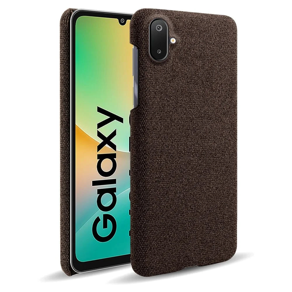 For Samsung Galaxy A06 5G / M06 5G Phone Case Cloth Texture Anti-Scratch Protective PC Back Cover - Brown - 1