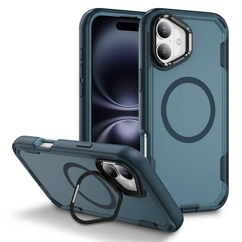 For iPhone 16 Case Compatible with MagSafe Lens Frame Kickstand TPU + PC Shockproof Phone Cover - Sapphire + Blue - 1