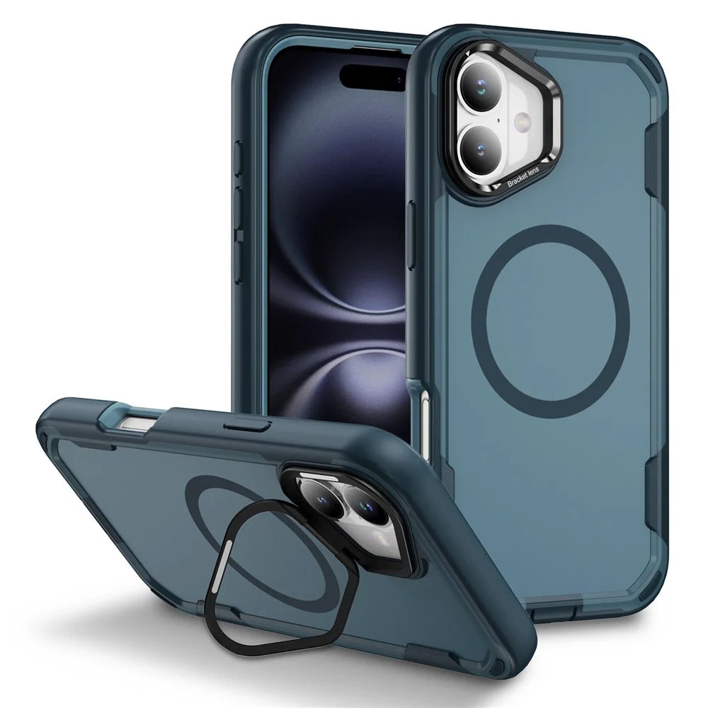 For iPhone 16 Case Compatible with MagSafe Lens Frame Kickstand TPU + PC Shockproof Phone Cover - Sapphire + Blue - 1