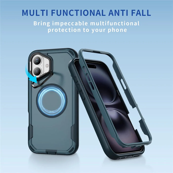 For iPhone 16 Case Compatible with MagSafe Lens Frame Kickstand TPU + PC Shockproof Phone Cover - Sapphire + Blue - 2