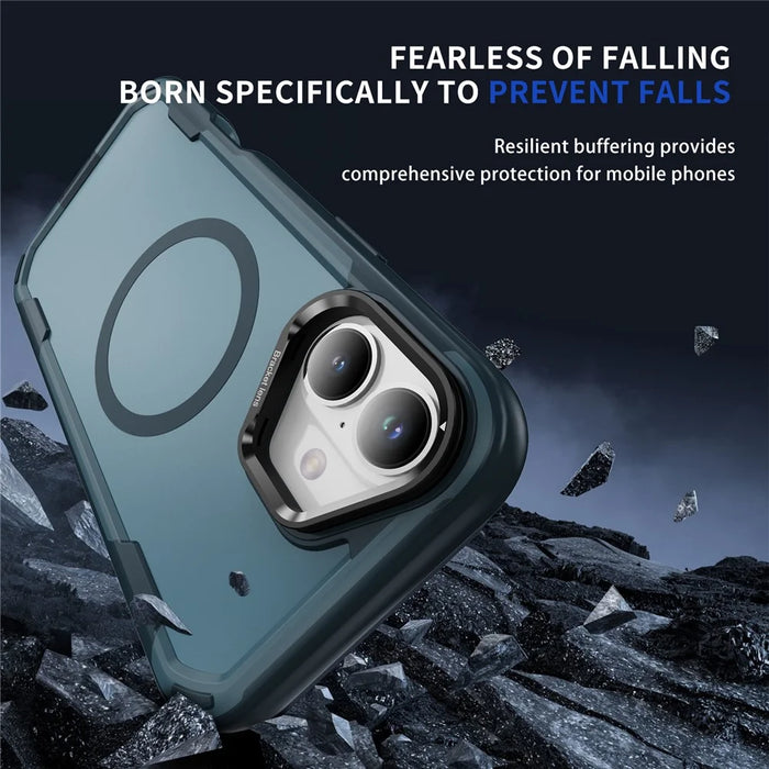 For iPhone 16 Case Compatible with MagSafe Lens Frame Kickstand TPU + PC Shockproof Phone Cover - Sapphire + Blue - 3