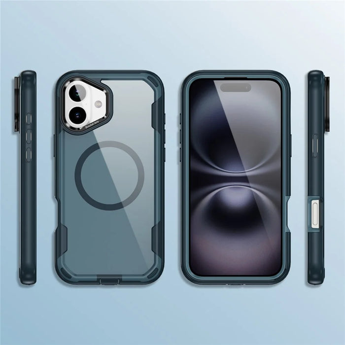 For iPhone 16 Case Compatible with MagSafe Lens Frame Kickstand TPU + PC Shockproof Phone Cover - Sapphire + Blue - 4