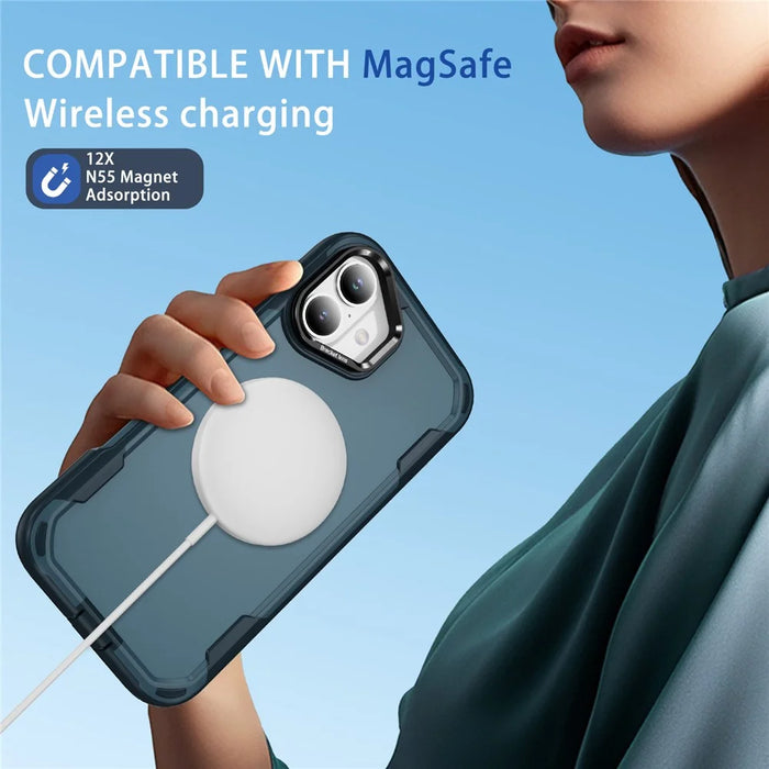 For iPhone 16 Case Compatible with MagSafe Lens Frame Kickstand TPU + PC Shockproof Phone Cover - Sapphire + Blue - 7