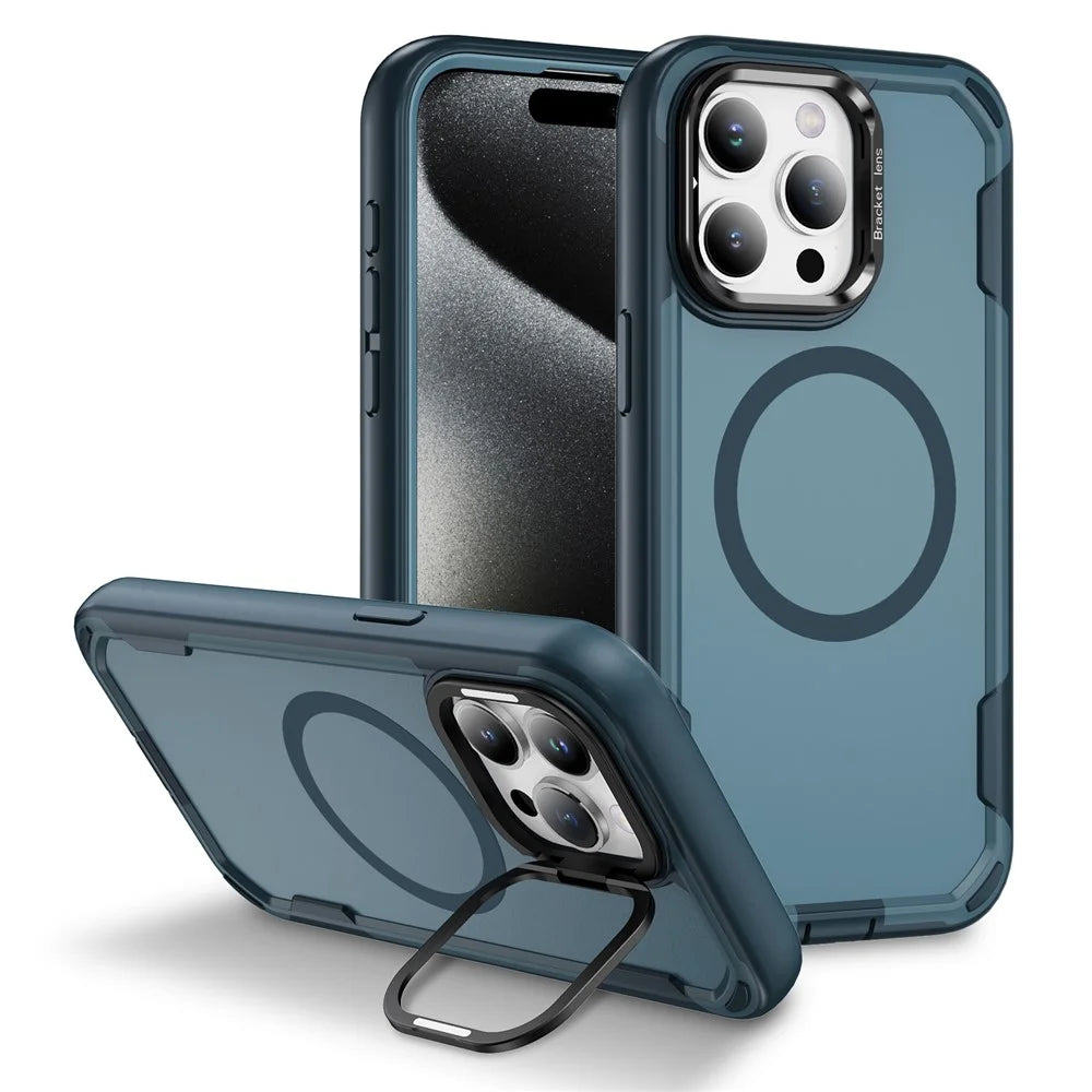 For iPhone 15 Pro Case Compatible with MagSafe Lens Frame Kickstand TPU + PC Shockproof Phone Cover - Sapphire + Blue - 1
