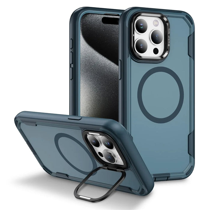 For iPhone 15 Pro Case Compatible with MagSafe Lens Frame Kickstand TPU + PC Shockproof Phone Cover - Sapphire + Blue - 1