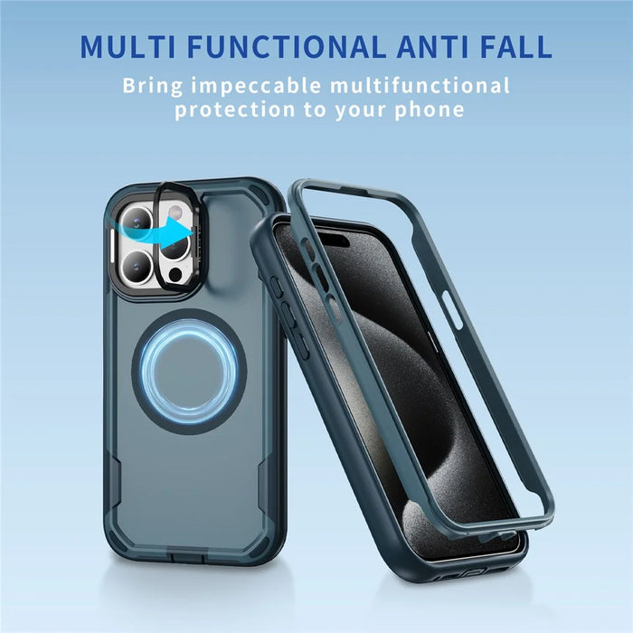 For iPhone 15 Pro Case Compatible with MagSafe Lens Frame Kickstand TPU + PC Shockproof Phone Cover - Sapphire + Blue - 2