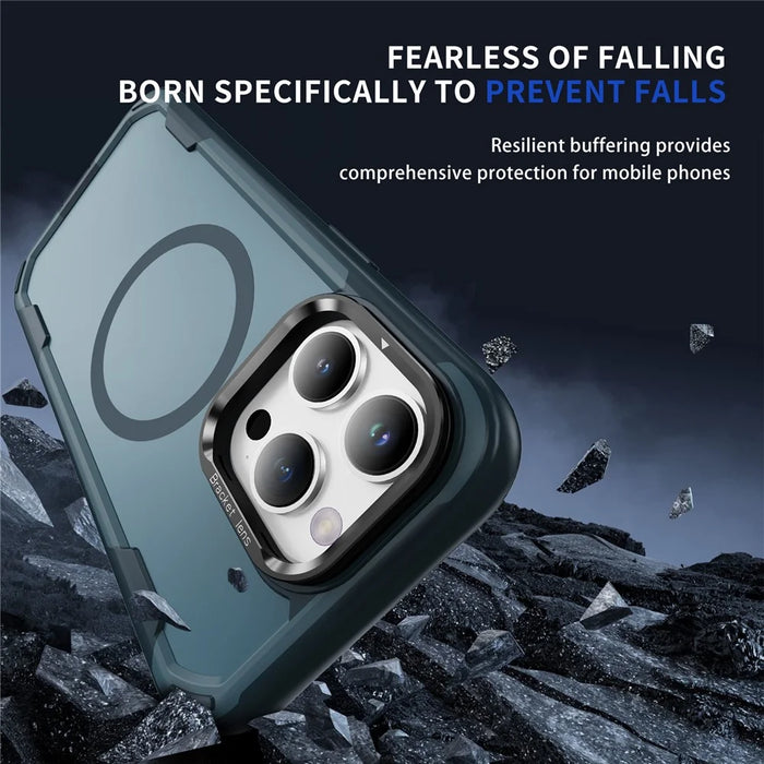 For iPhone 15 Pro Case Compatible with MagSafe Lens Frame Kickstand TPU + PC Shockproof Phone Cover - Sapphire + Blue - 3