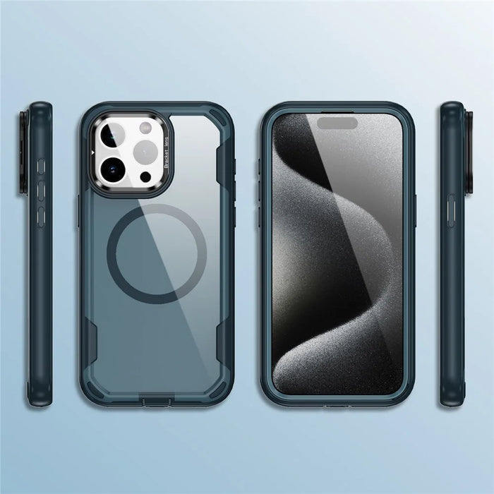 For iPhone 15 Pro Case Compatible with MagSafe Lens Frame Kickstand TPU + PC Shockproof Phone Cover - Sapphire + Blue - 4